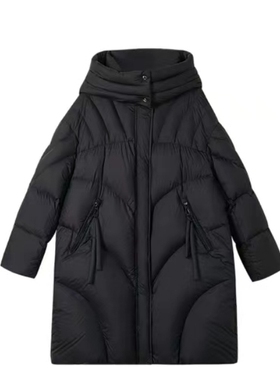 9909*冬季加厚缎感轻柔水光面 防风保暖羽绒服外套女士黑色中长款