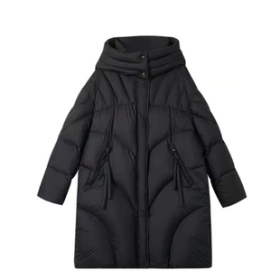 防风保暖羽绒服外套女士黑色中长款 加厚缎感轻柔水光面 冬季 9909