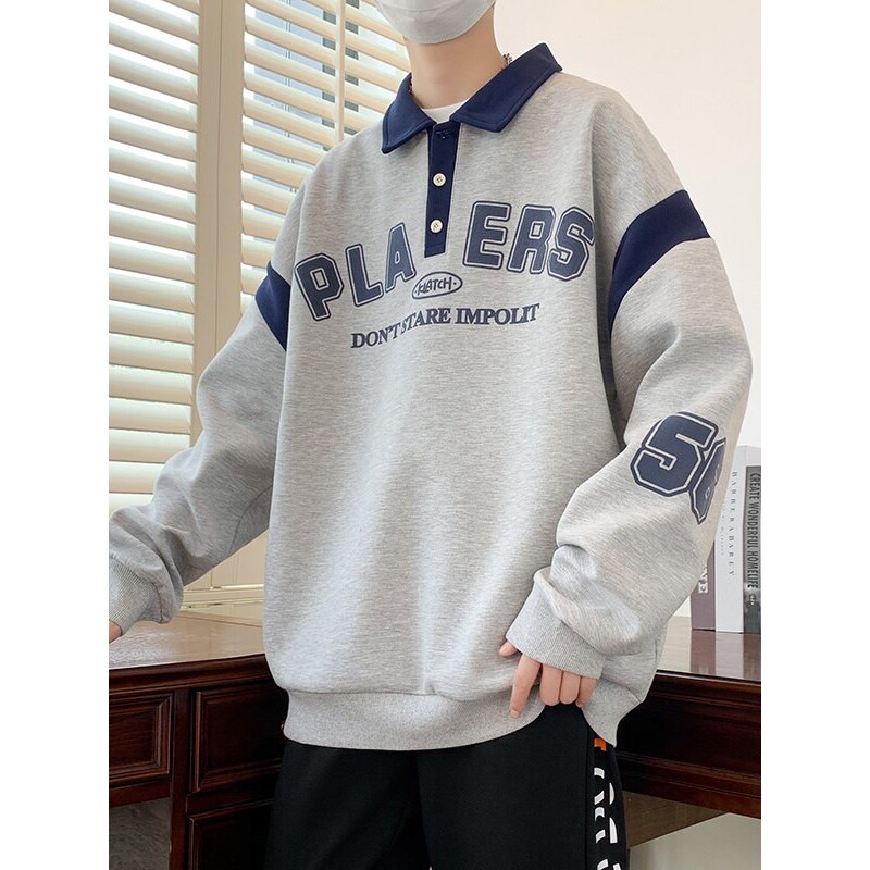 春秋季新款长袖衬衫领卫衣男初中高中学生青少年帅气大童男装t恤