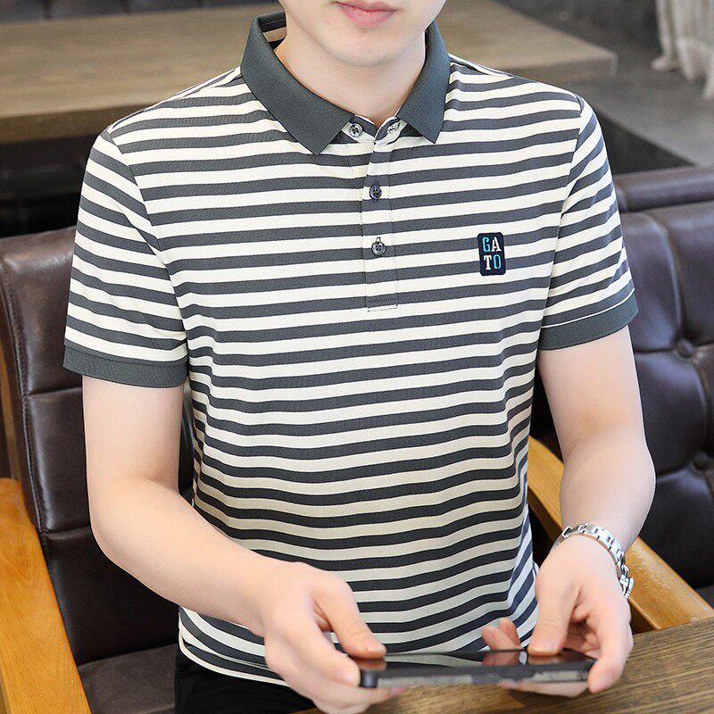 半袖polo衫上衣服高端纯棉条纹短袖T恤男士夏季2026新款潮牌修身