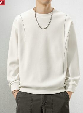 重磅打底百搭2026春季新款白色卫衣男圆领刺绣春秋落肩款长袖T恤