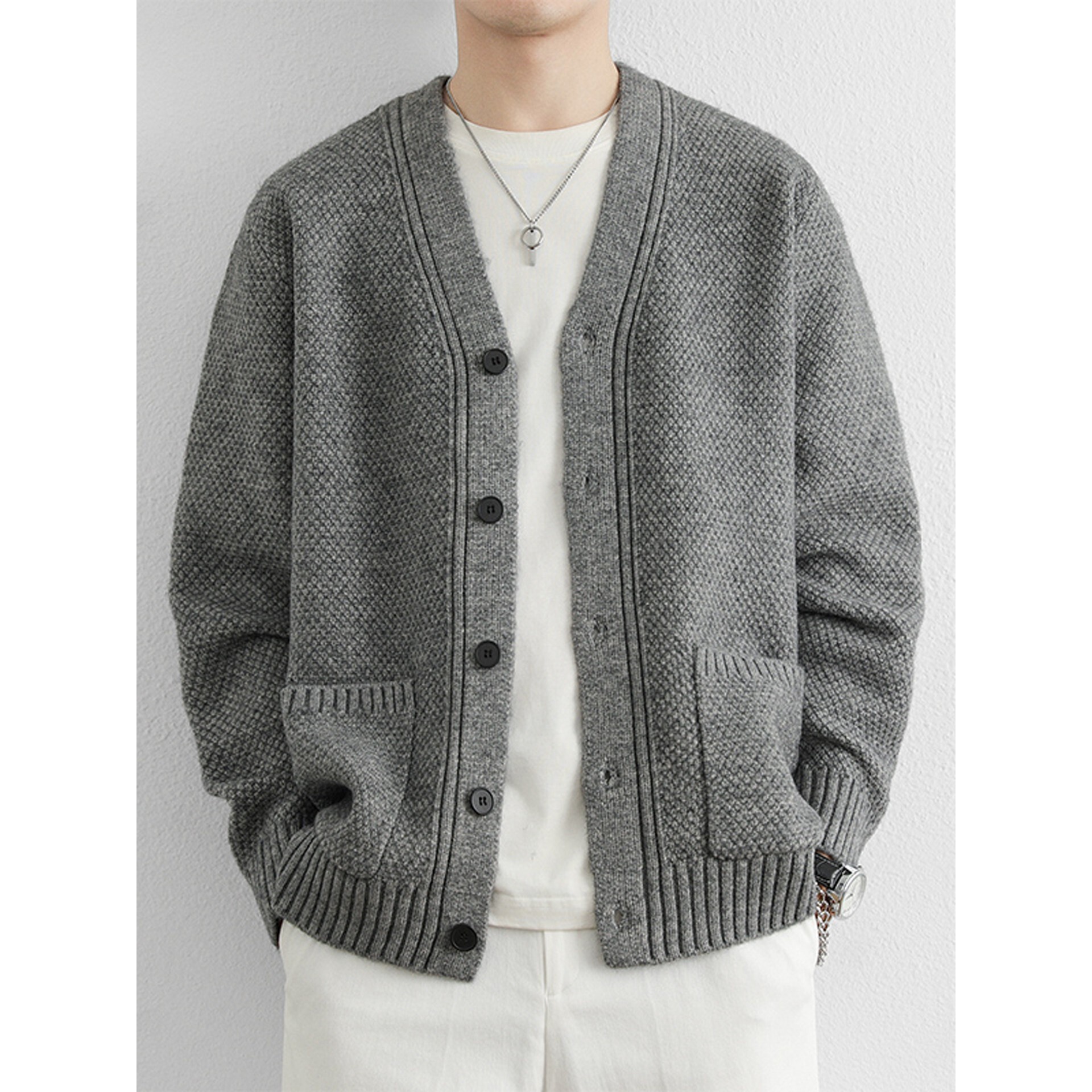 高级感开衫毛衣男款春秋季重磅潮牌简约慵懒风休闲v领针织衫外套