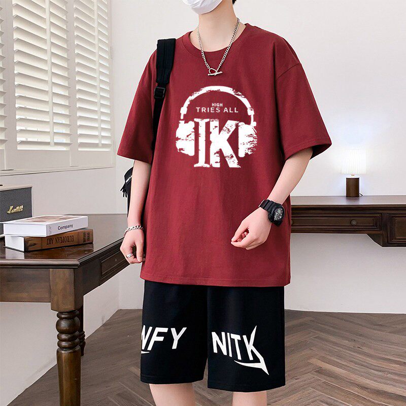 夏季纯棉t恤男孩初高中学生短袖短裤青少年大童半袖衣服两件套装