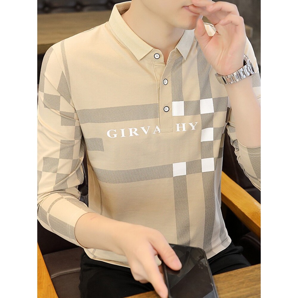 纯棉爸爸长袖t恤男士中青年修身翻领上衣服格子polo衫衬衫领衣服