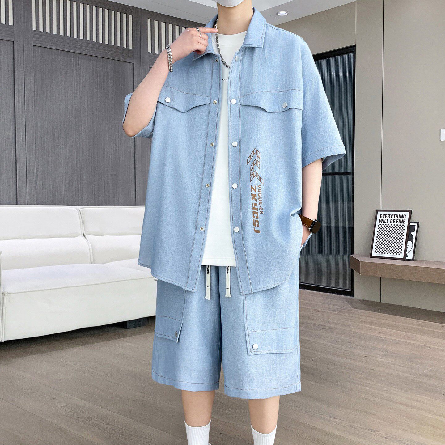 小众工装衬衫套装男夏季冰丝薄款翻领青少年休闲短袖短裤一套搭配