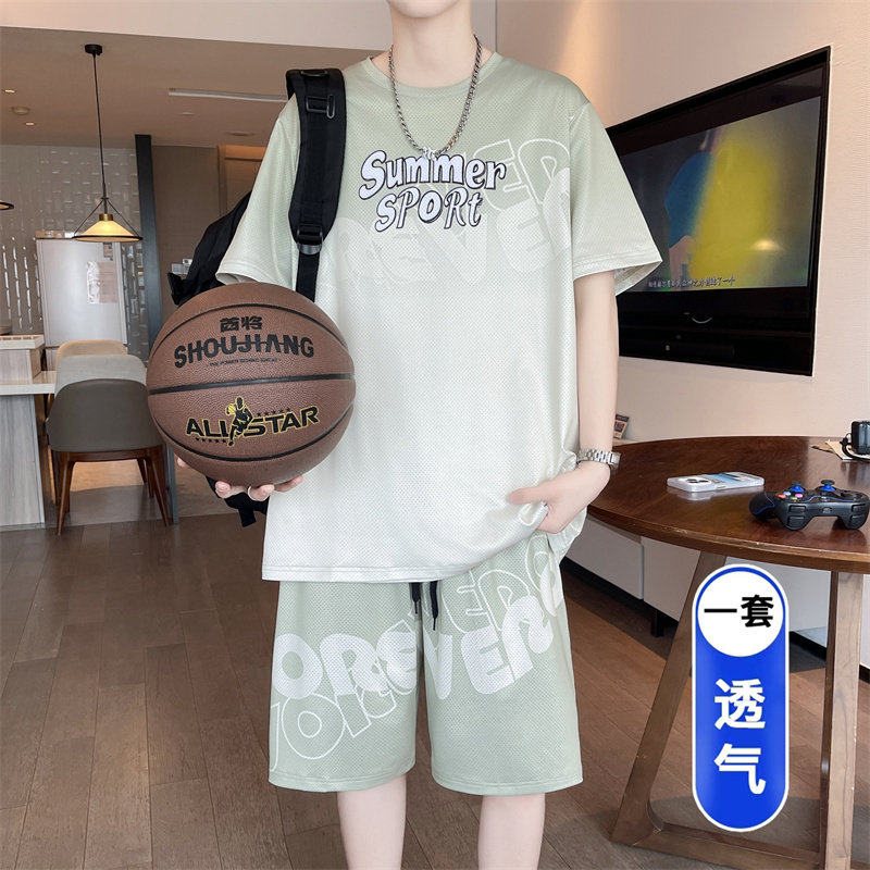 夏季2026新款初中冰丝青少年短袖t恤男学生潮牌大童篮球衣服套装