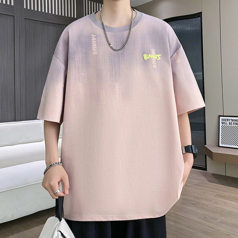 上衣服凉感刺绣短袖男夏季薄款2026新款潮流渐变色休闲青少年T恤