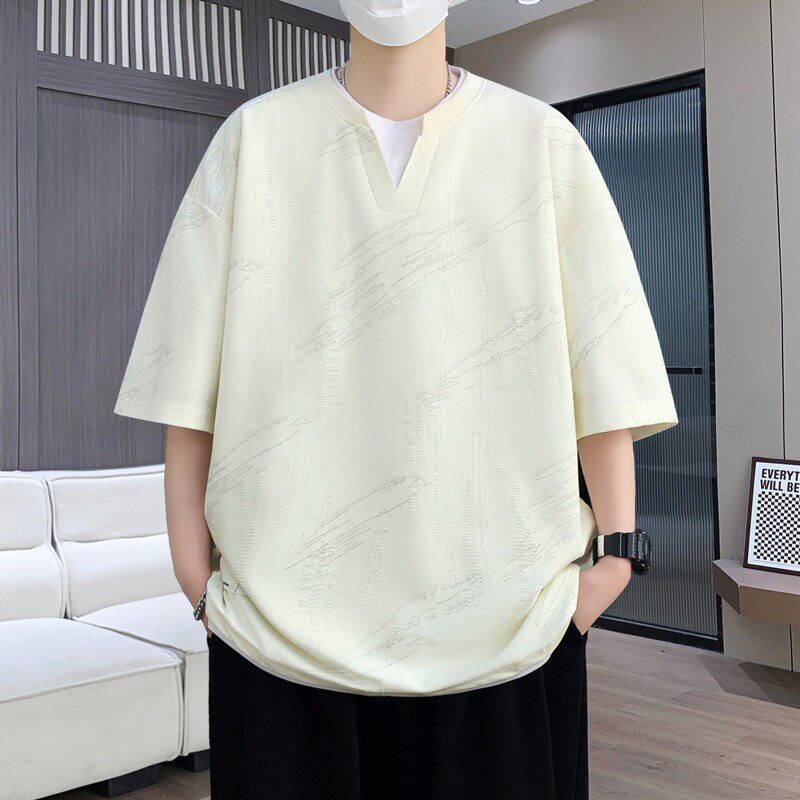 粉色休闲体恤上衣潮夏季薄款假两件t恤短袖男士青少年宽松打底衫