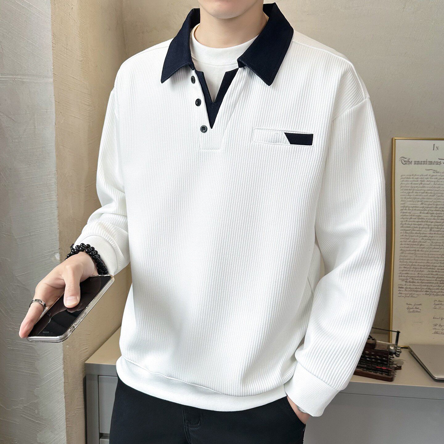 2026新款t潮牌宽松上衣服设计感翻领卫衣男士假两件长袖T恤春秋季