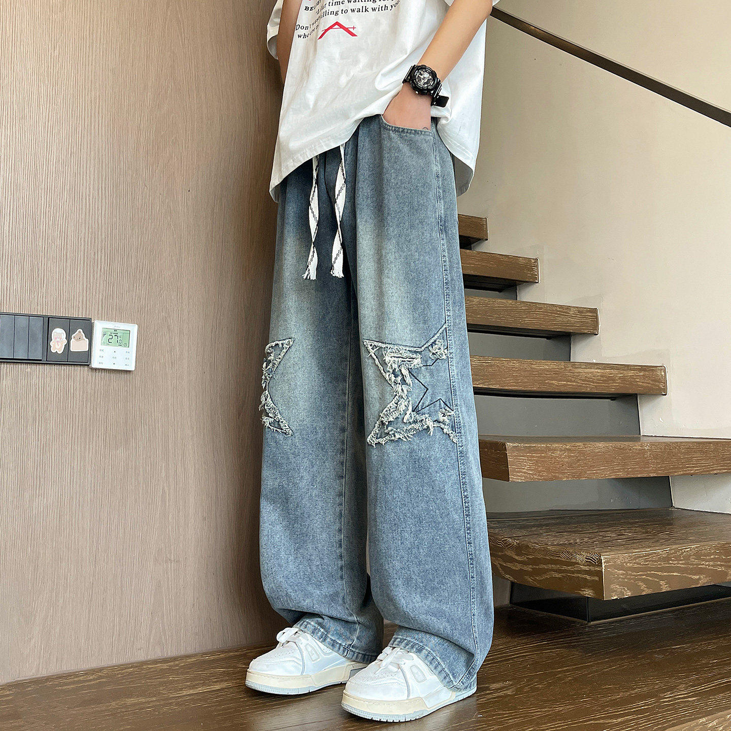帅气青少年大童阔腿直筒长裤春秋款牛仔裤子男生初中高中学生潮牌