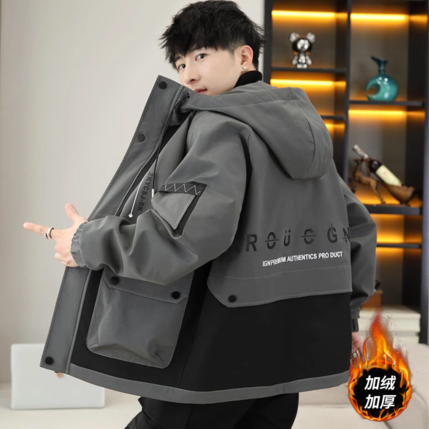 工装风夹克男款春秋季新款连帽外套男加绒加厚冬装宽松保暖派克服