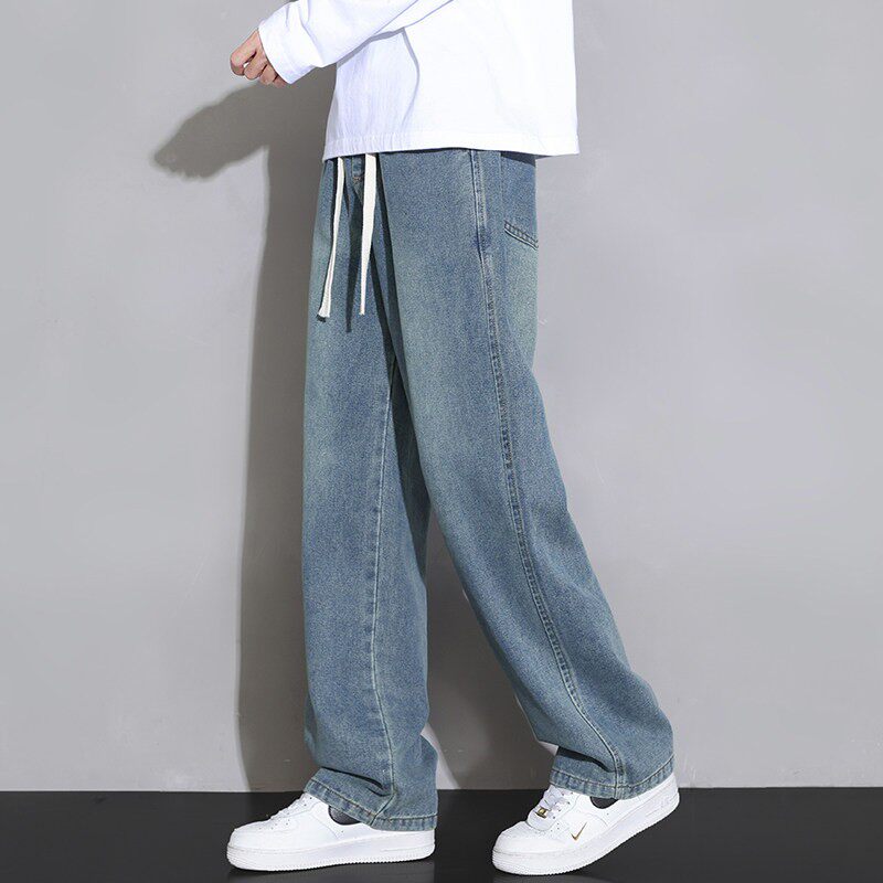 加绒牛仔裤男秋冬新款宽松直筒阔腿裤子男青少年潮牌水洗休闲长裤