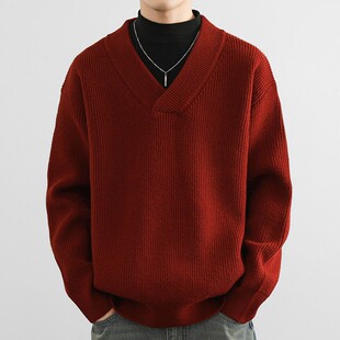 红色毛衣男秋冬季潮牌V领打底衫外穿毛线衣高级感套头针织衫外套