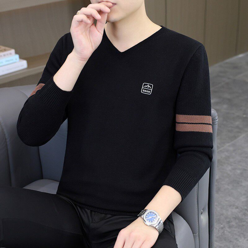 针织衫男秋季潮流薄款毛衣V领休闲打底衫秋衣中青年毛衫线衣t恤