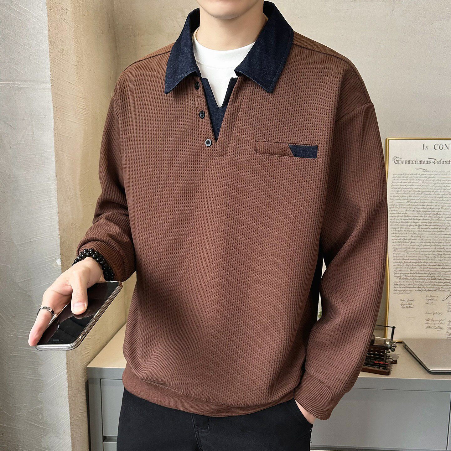 春季长袖POLO衫男士牛仔衣翻领拼接打底2026新款高端T恤卫衣男装