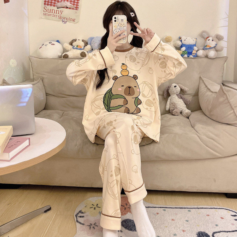 全棉纯棉女童睡衣春秋季纯棉2025新款初中生卡皮巴拉女孩大童薄儿