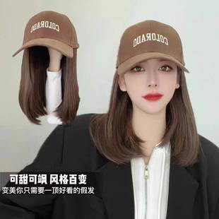 新款时尚女式棒球帽子假发一体女款仿真带假头发的连帽秋冬天