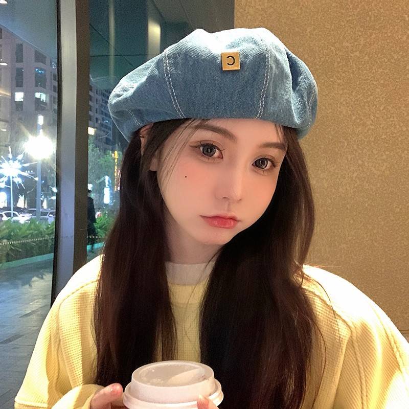 蓝色牛仔贝雷帽女春秋款显脸小冬季蓓蕾帽子韩系新款八角帽大头围