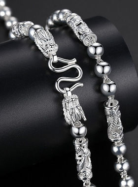 梦至尊双龙头足银项链999龙项链男士霸气粗项链链子龙骨潮男单链