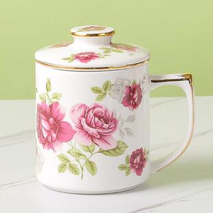 带漏格陶瓷茶杯中式办公室泡茶杯会议杯带滤网带盖套装茶水分离杯