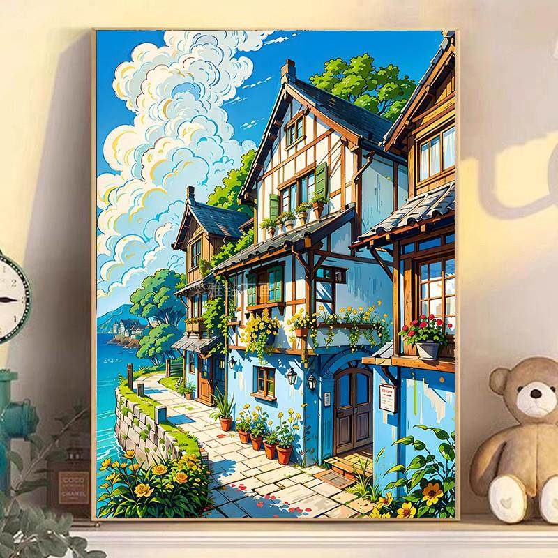 diy方钻满钻贴钻5D钻石画 画钻石绣镶钻套件湖边小镇白云小路木房