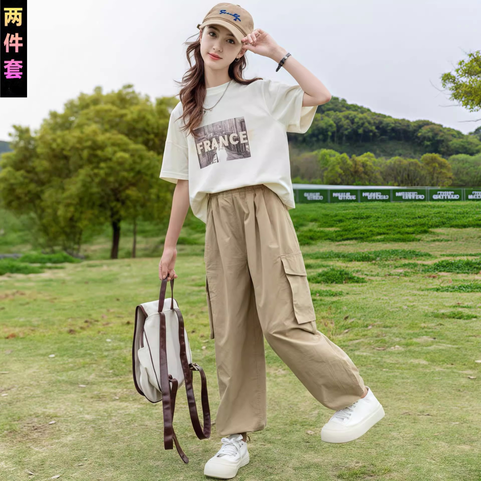 安奈儿联名女童夏装套装2025夏季洋气时髦中大童工装裤网红两件套