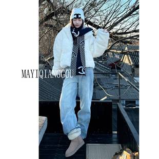 175高个子加长高腰显瘦窄版阔腿裤女秋冬加绒裤子宽松直筒牛仔裤