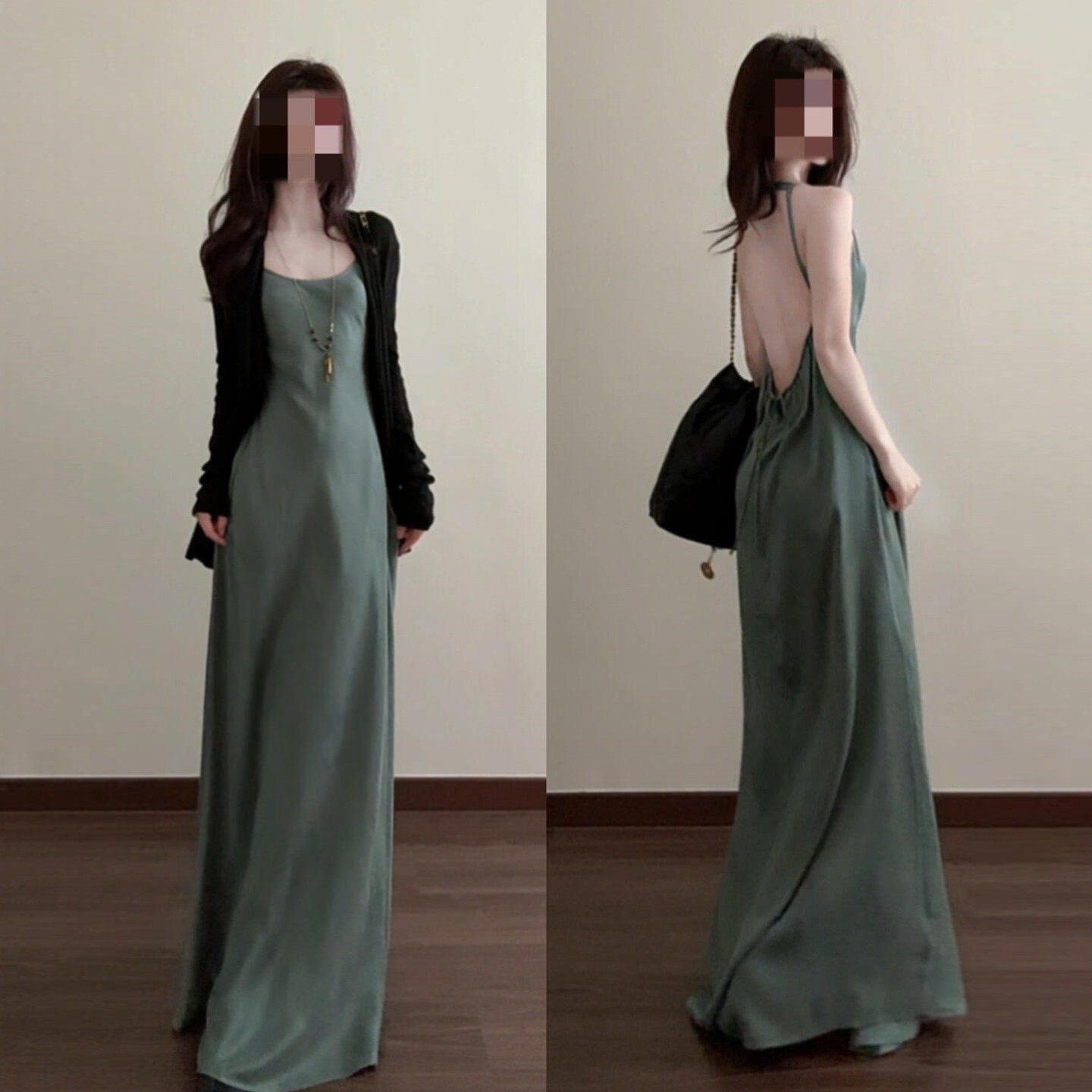 早春季法式漂亮绿色吊带露背连衣裙子女装夏2026新款穿搭长裙套装