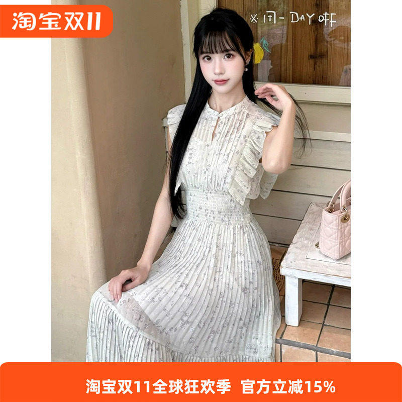 饭团君同款 日系夏季女装时尚立领碎花荷叶边小飞袖百褶连衣长裙