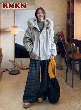 RMKN美式覆古毛领加厚棉服女秋冬季宽松保暖情侣派克服棉衣外套