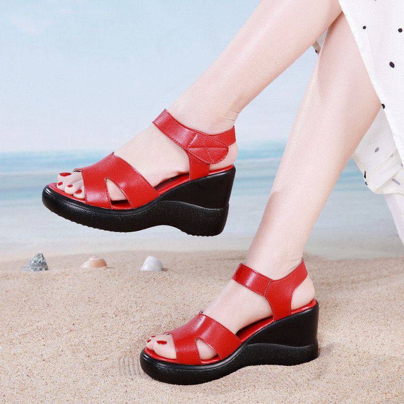 简约新款休闲鱼嘴凉鞋夏季沙滩鞋粗跟厚底魔术贴女鞋高跟鞋女红色,女鞋,罗马凉鞋,淘宝优惠券,粉丝福利购,淘宝优惠卷