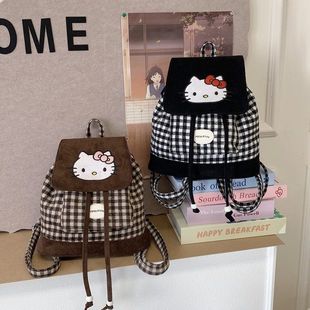 kitty可爱背包猫绒面日系复古双肩包绿光派对同款新款大容量格子