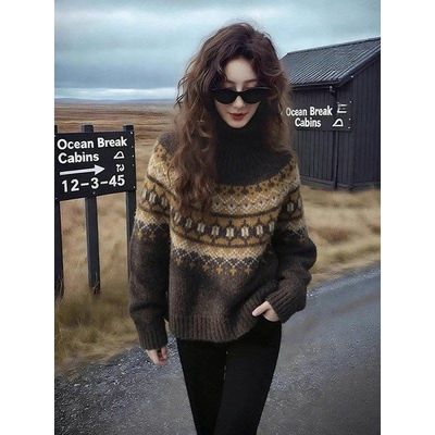 绝美巨费尔岛咖色上衣冬冬复古