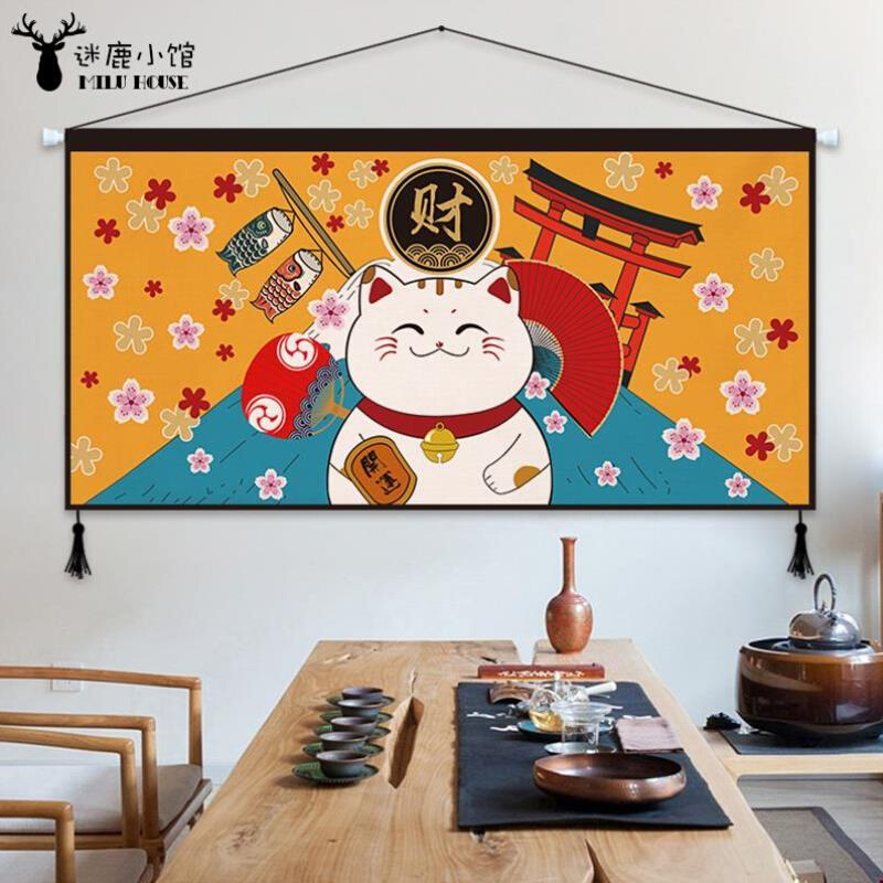 日式招财猫横版布艺挂画背景布墙布布画床头客厅沙发墙壁装饰挂毯图片