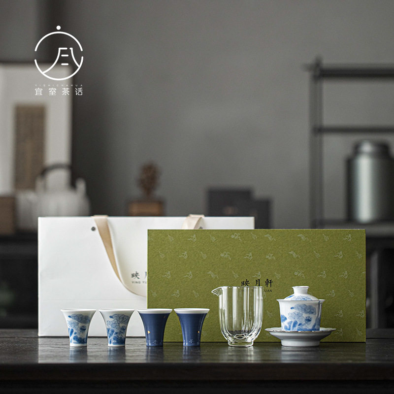 宜室茶话 为荷而来手绘陶瓷整套套组 文人器盖碗茶杯家用茶礼套装