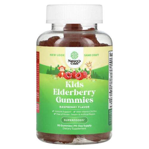 Natures Craft,Kids Elderberry Gummies, Raspberry , 90 Gummie