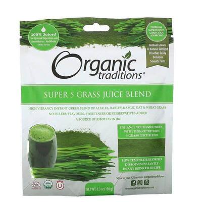 Organic Traditions,Super 5 Grass Juice Blend, 5.3 oz (150 g)