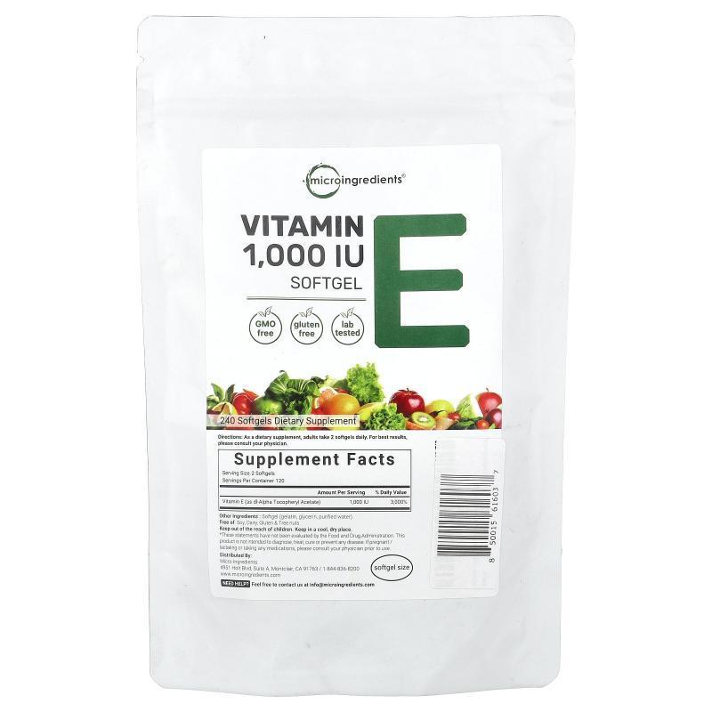 Micro Ingredients,Vitamin E, 1,000 IU, 240 Softgels (500 IU