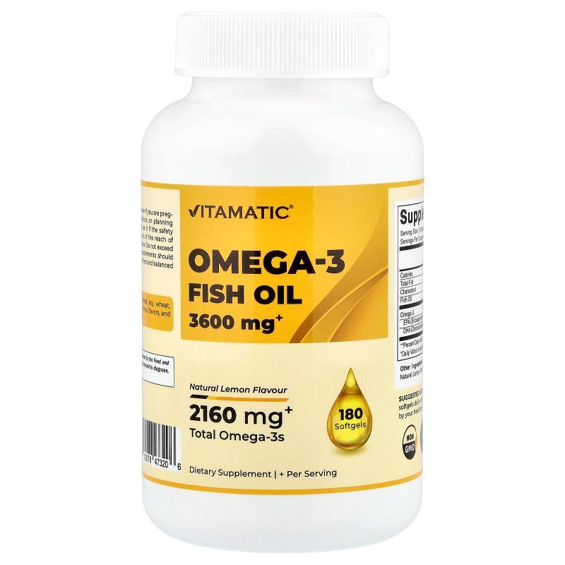 Vitamatic,Omega-3 Fish Oil, Natural Lemon, 180 Softgels (1,2