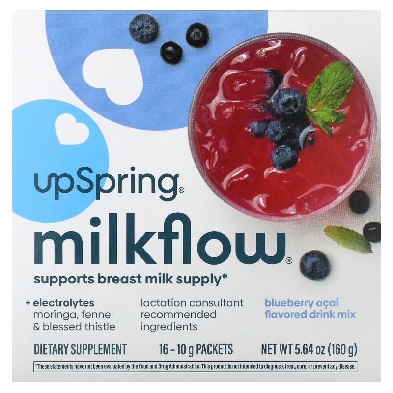 UpSpring,Milkflow Drink Mix, Blueberry Acai, 16 Packets, 10