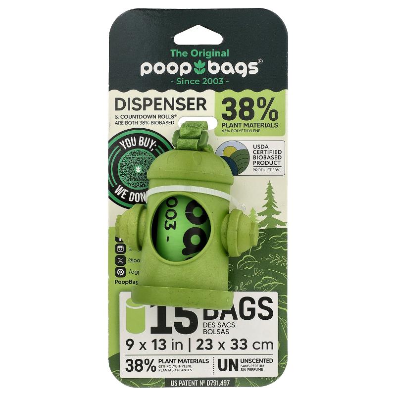 Original Poop Bags,Bag Dispenser + Bags, Green, Unscented ,