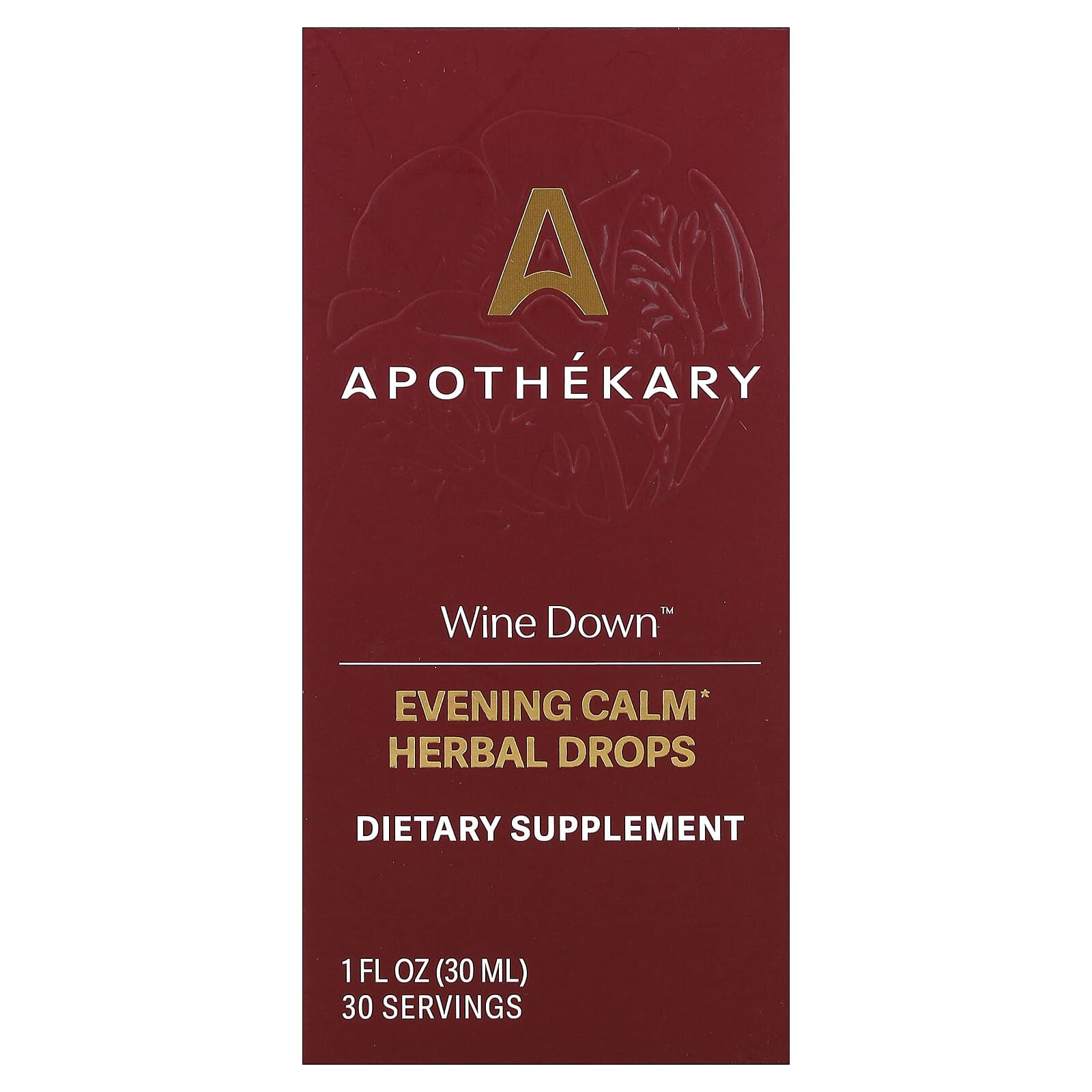 Apothekary Wine Down（葡萄酒）晚间平静草本滴剂L-茶氨酸
