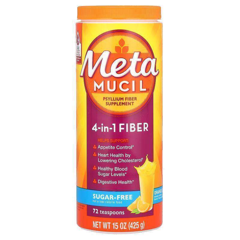 Metamucil,4合1复合健康纤维粉，无糖，顺滑香橙味，15盎司（425