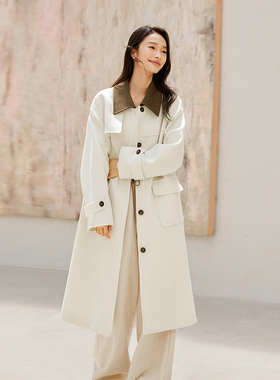 IC 肌理感拼接斜纹撞色领毛呢大衣女2026新款秋冬减龄通勤外套