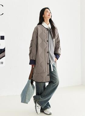 IC文艺复古绗缝两面穿棉服外套女2026新款秋冬中长款通勤气质棉衣