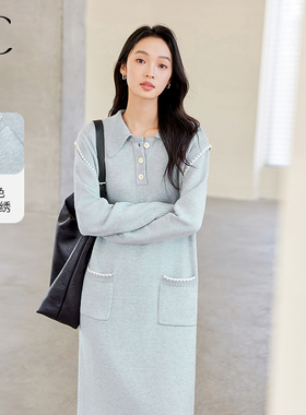 ICPOLO领针织贝壳刺绣设计连衣裙女2026新款秋气质通勤宽松裙子