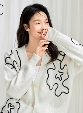 IC撞色线条设计绣花针织衫女2026新款高级简约休闲艺术感毛衣开衫