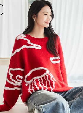 IC春节红色高级圆领毛衣2026年新款本命年冬季慵懒风宽松针织上衣