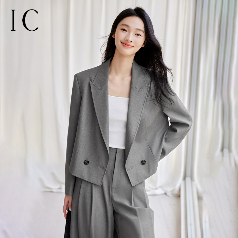 IC简约高级气质双排扣短款西服西裤套装女2025新款休闲通勤两件套