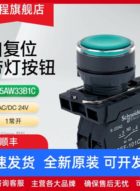 施耐德带灯按钮开关XB5AW33B1C 绿色LED灯开关平钮AC/DC24V 1常开